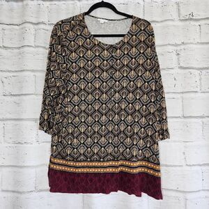 J. Jill Tunic Shirt Black Gold Maroon Print 3/4 Sleeve Henley Style XL Womens